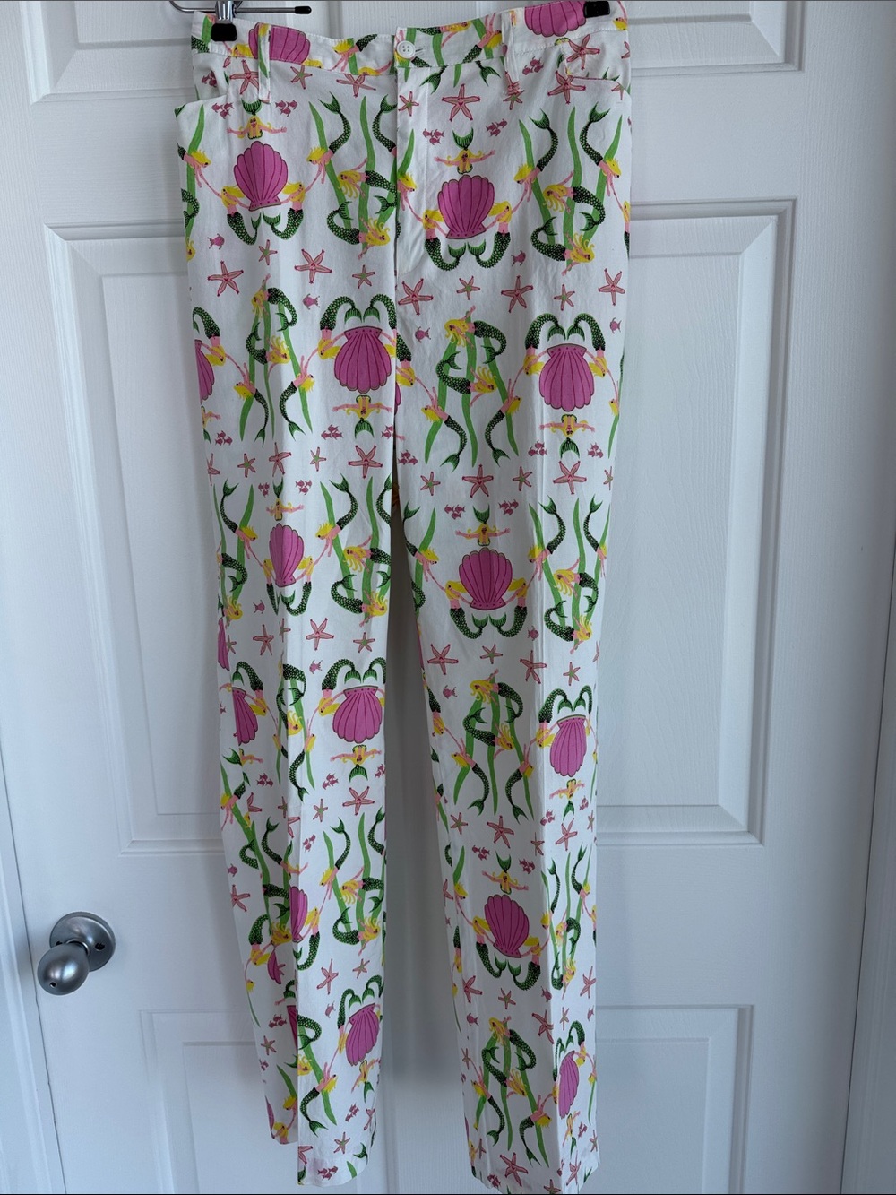 Govango Women’s Straight Leg Beach-Print Pants - White with Pink & Green